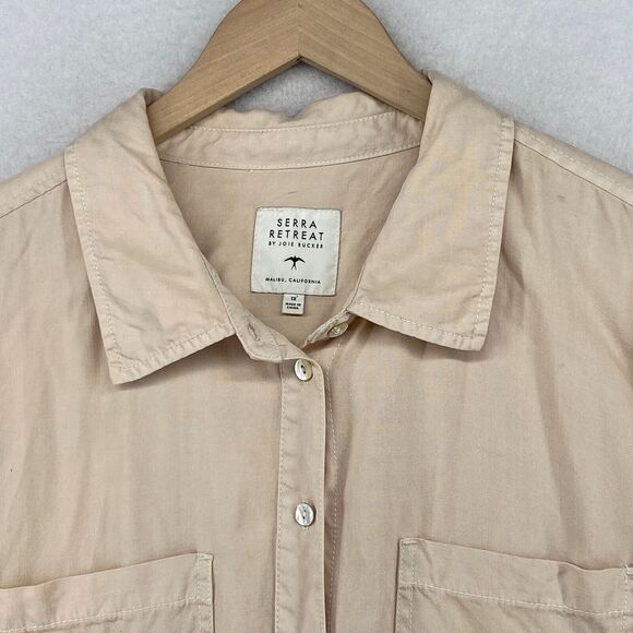 SERRA RETREAT Top Women 1X Lyocell Utility Shirt Button Front Long Sleeve Beige - Picture 4 of 13